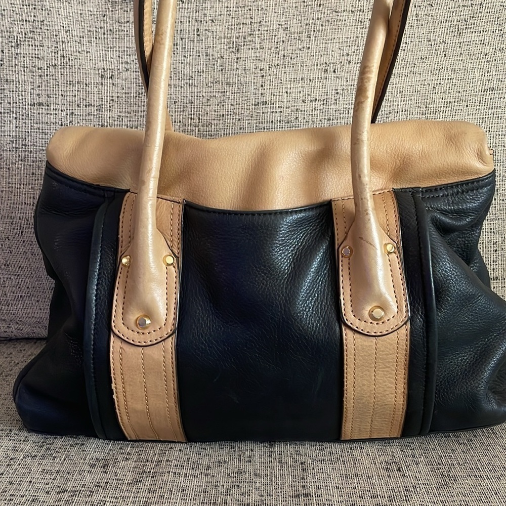 B. Makowsky Rockefeller Leather Satchel Black and Tan - Picture 3 of 15